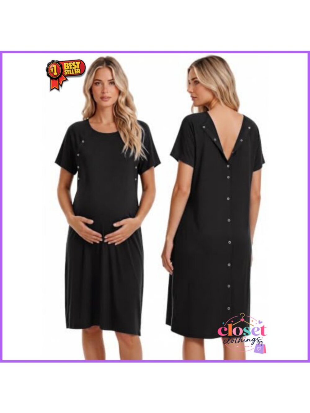 Maternity Nursing Dress Cotton Blend Sleepshirt Button Back 3/4 Sleeve